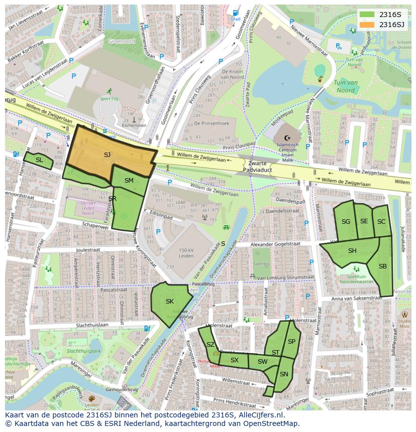 Afbeelding van het postcodegebied 2316 SJ op de kaart.