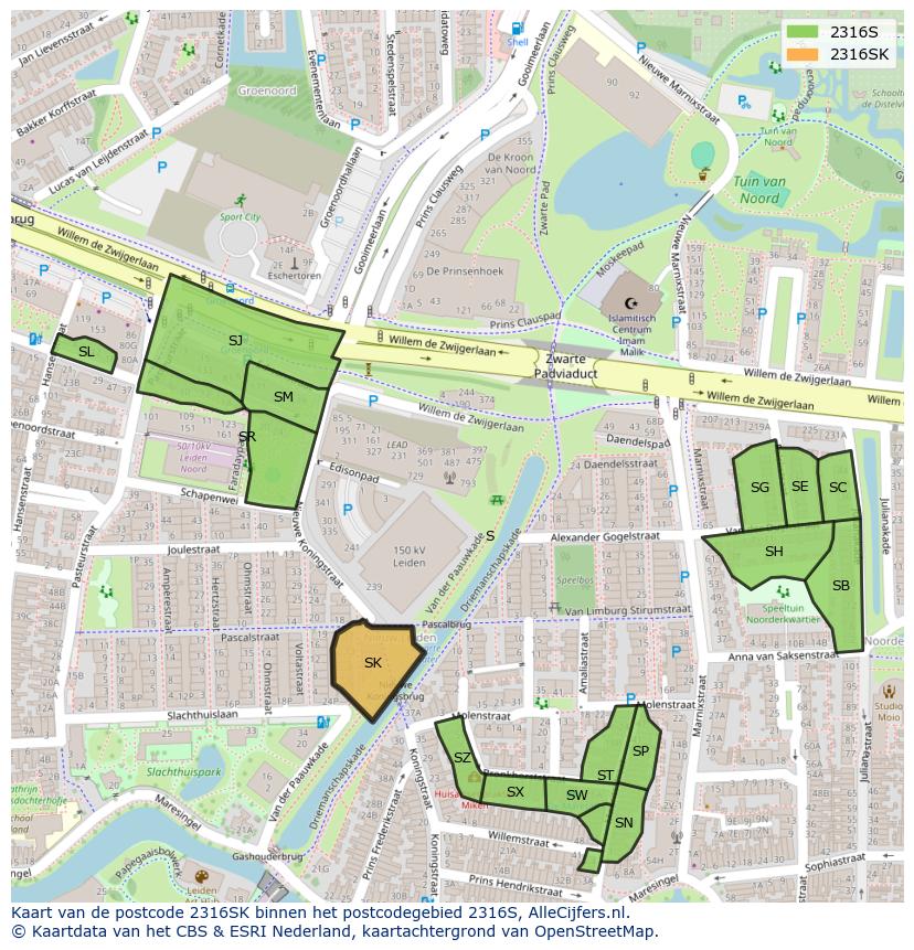 Afbeelding van het postcodegebied 2316 SK op de kaart.