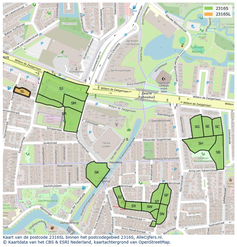 Afbeelding van het postcodegebied 2316 SL op de kaart.