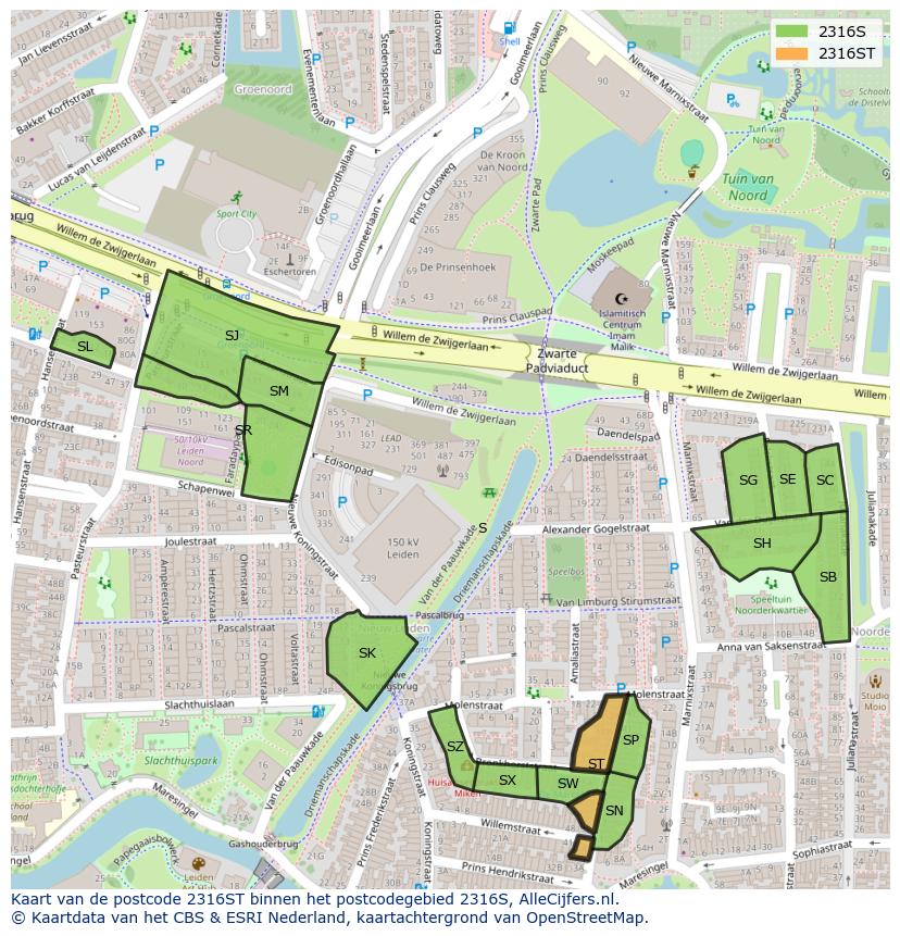 Afbeelding van het postcodegebied 2316 ST op de kaart.