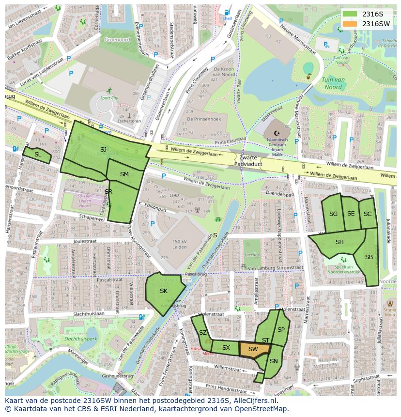 Afbeelding van het postcodegebied 2316 SW op de kaart.