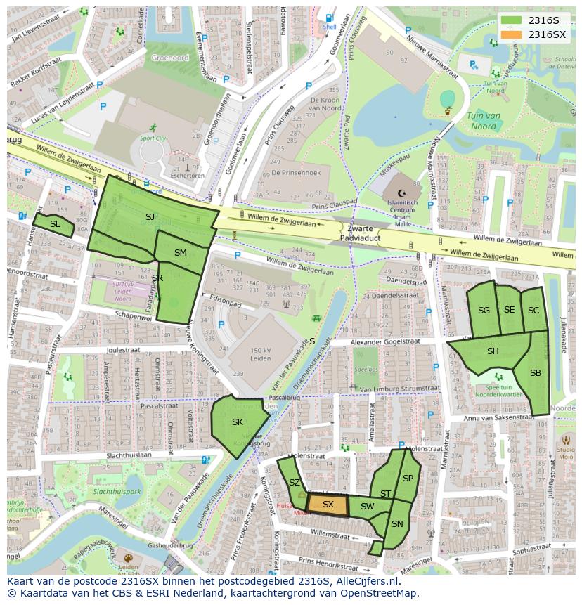 Afbeelding van het postcodegebied 2316 SX op de kaart.
