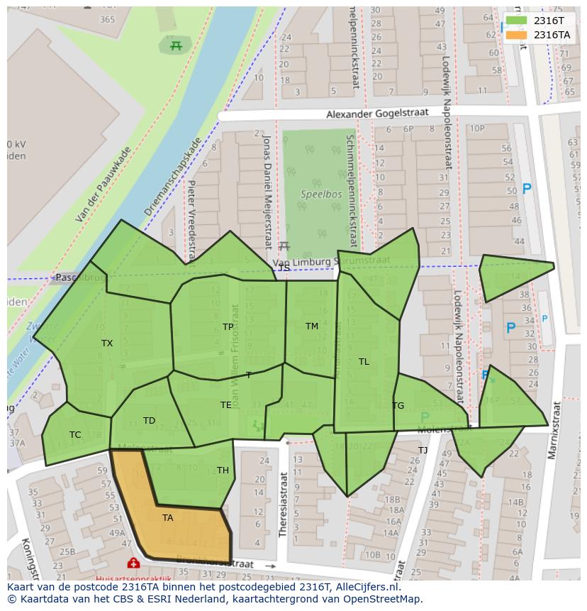 Afbeelding van het postcodegebied 2316 TA op de kaart.