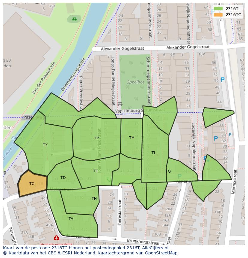 Afbeelding van het postcodegebied 2316 TC op de kaart.