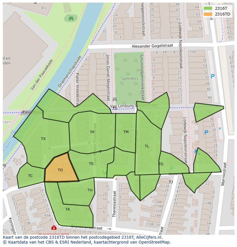 Afbeelding van het postcodegebied 2316 TD op de kaart.