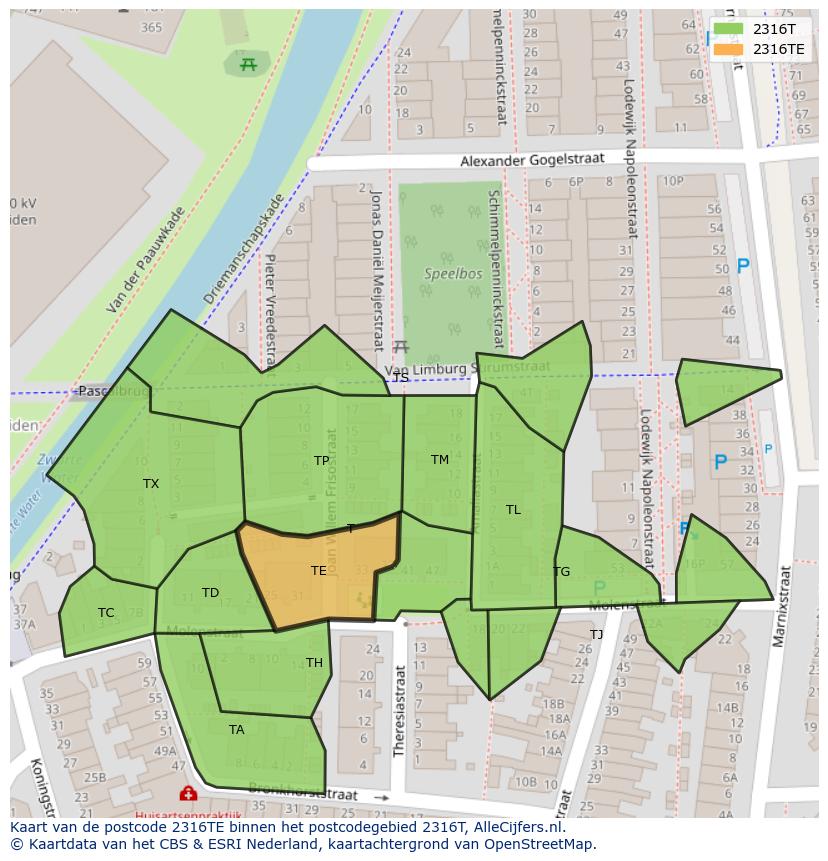 Afbeelding van het postcodegebied 2316 TE op de kaart.