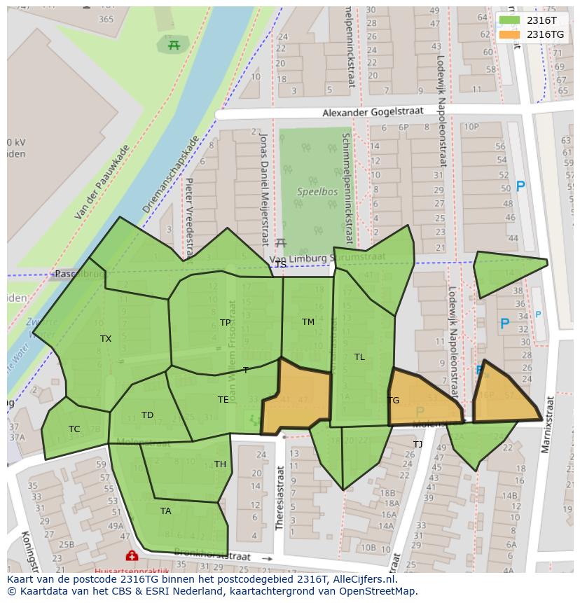 Afbeelding van het postcodegebied 2316 TG op de kaart.