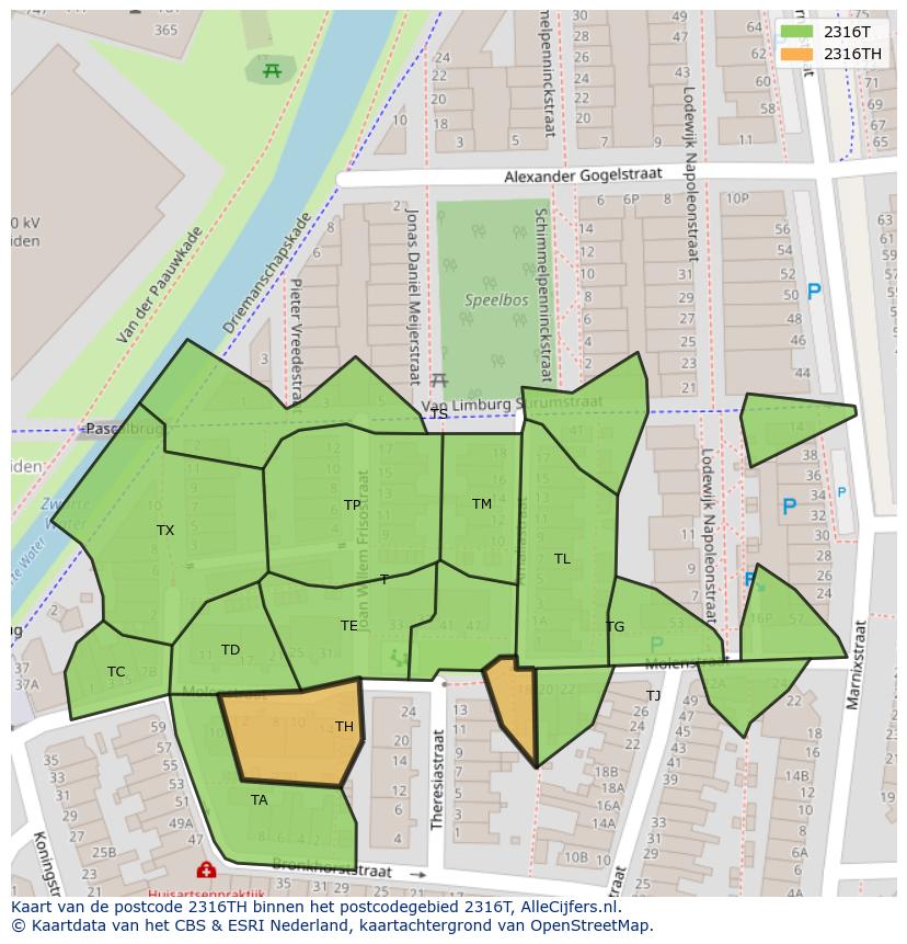 Afbeelding van het postcodegebied 2316 TH op de kaart.