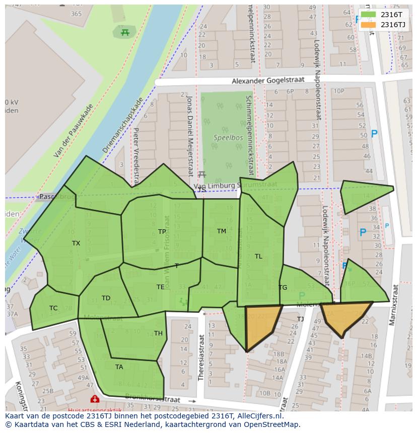 Afbeelding van het postcodegebied 2316 TJ op de kaart.