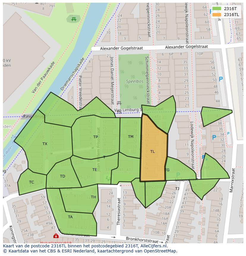 Afbeelding van het postcodegebied 2316 TL op de kaart.
