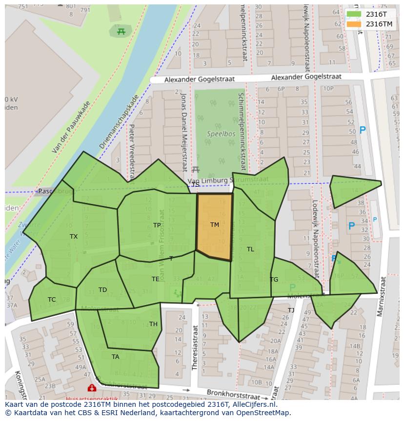 Afbeelding van het postcodegebied 2316 TM op de kaart.