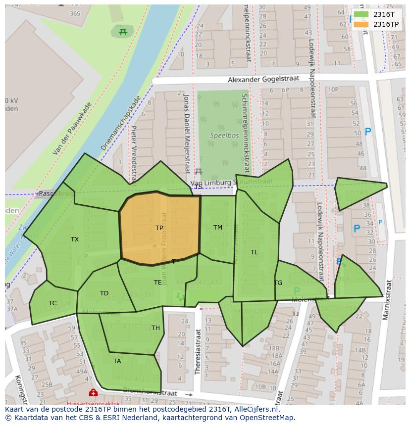 Afbeelding van het postcodegebied 2316 TP op de kaart.
