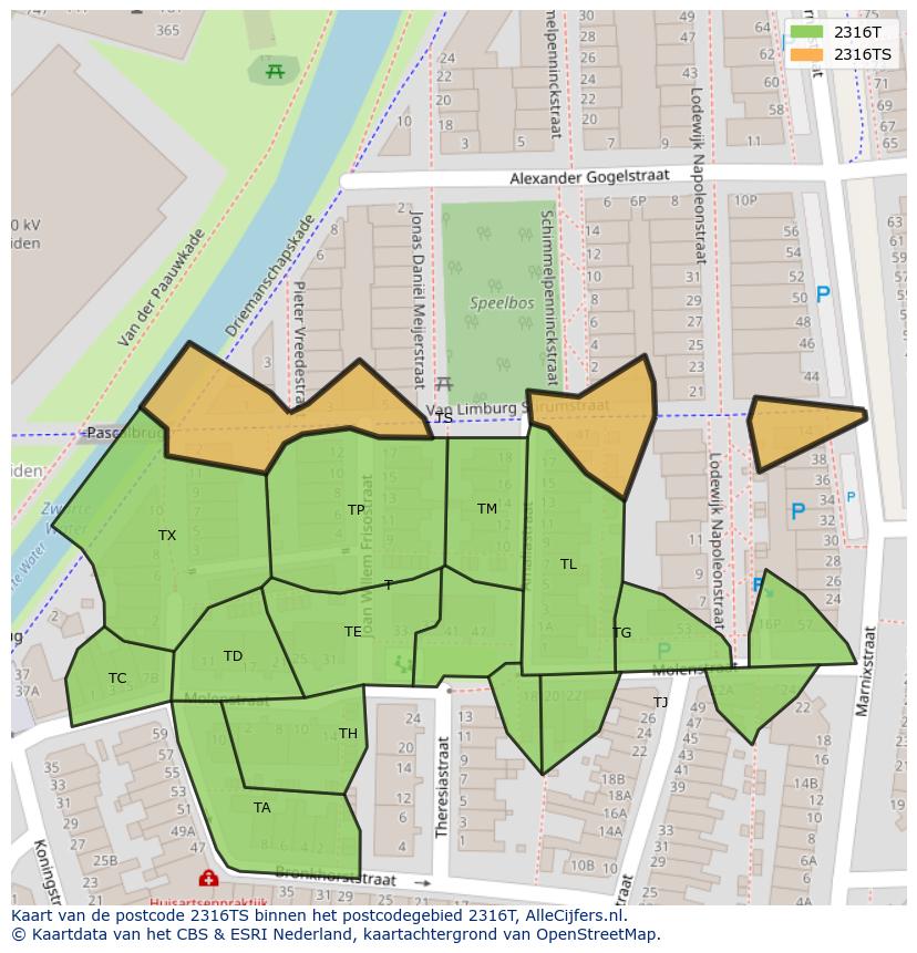 Afbeelding van het postcodegebied 2316 TS op de kaart.