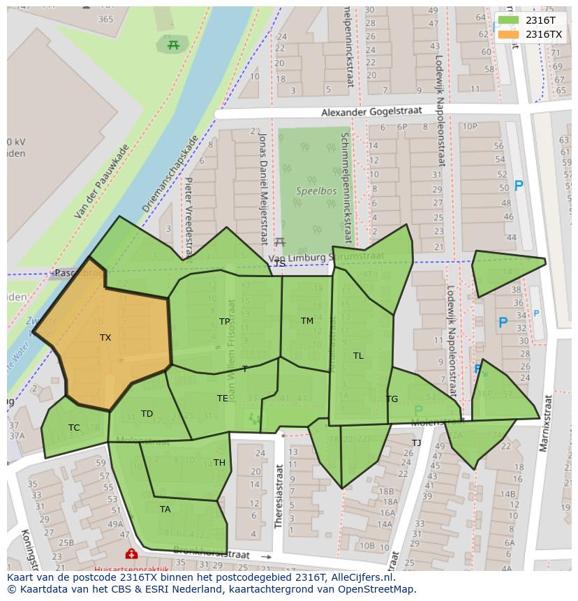 Afbeelding van het postcodegebied 2316 TX op de kaart.