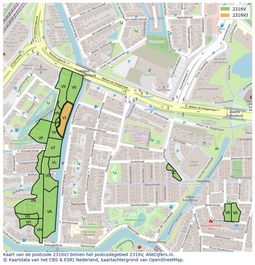Afbeelding van het postcodegebied 2316 VJ op de kaart.