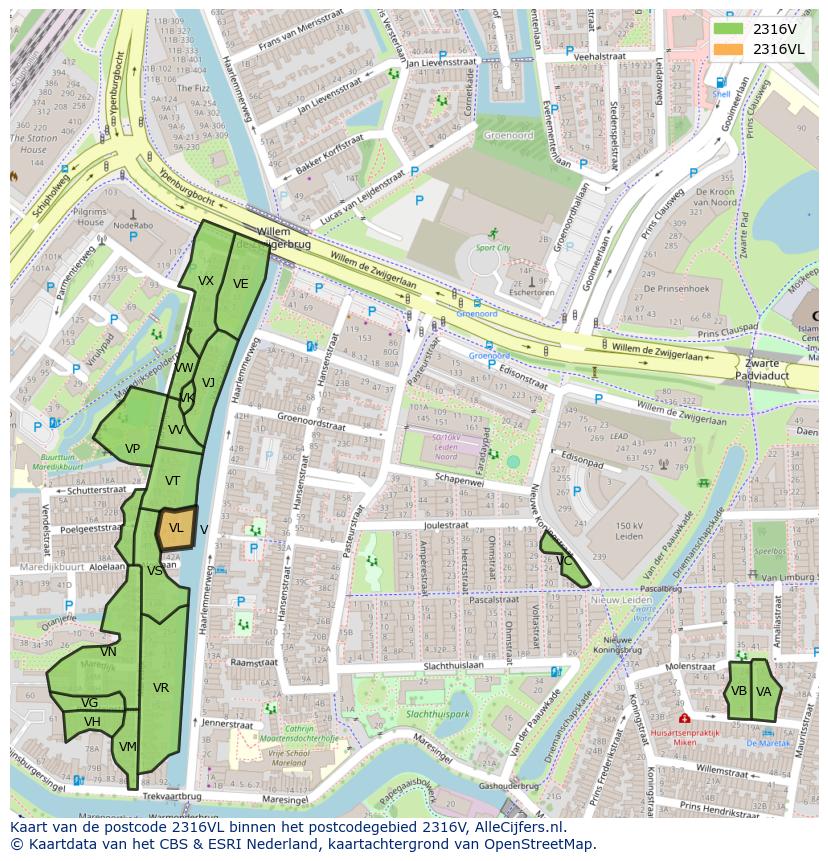 Afbeelding van het postcodegebied 2316 VL op de kaart.