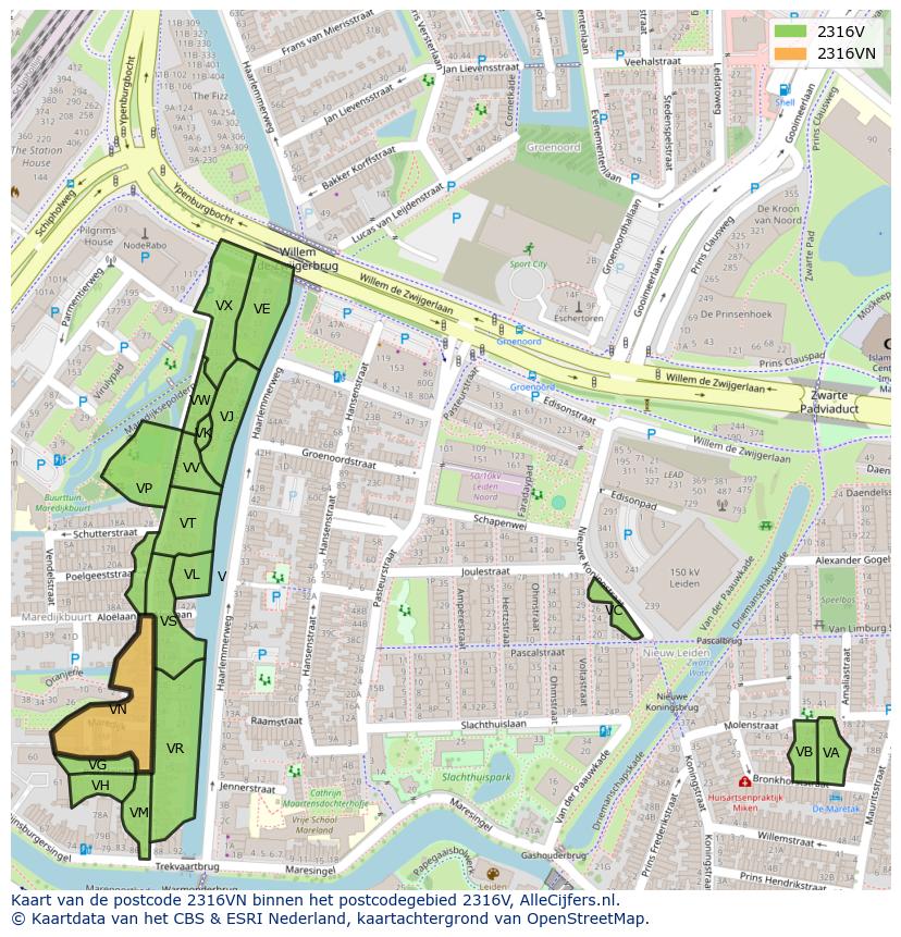 Afbeelding van het postcodegebied 2316 VN op de kaart.