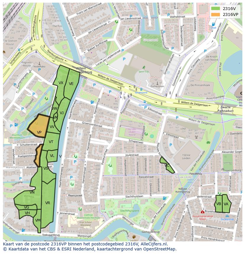 Afbeelding van het postcodegebied 2316 VP op de kaart.