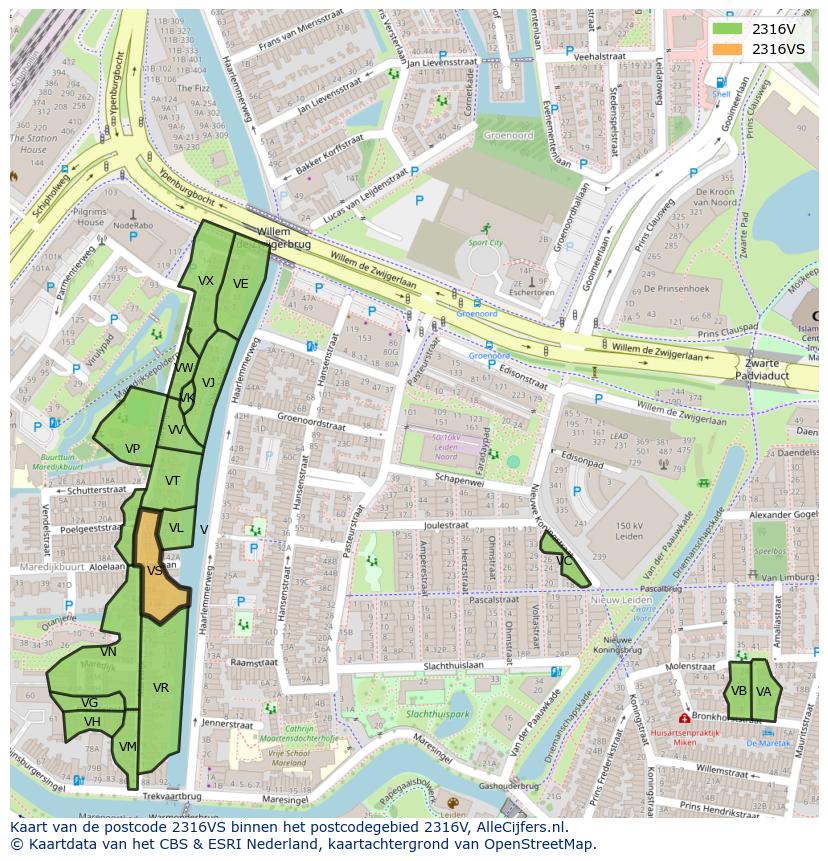 Afbeelding van het postcodegebied 2316 VS op de kaart.