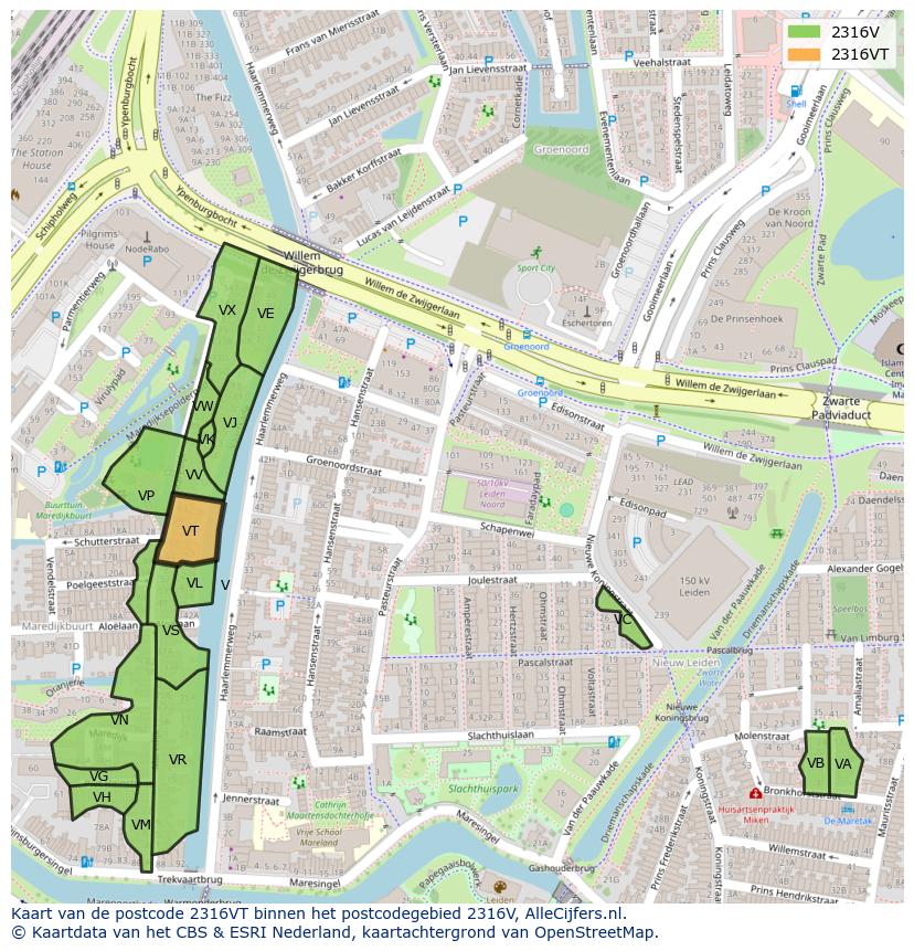 Afbeelding van het postcodegebied 2316 VT op de kaart.