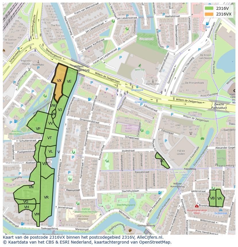 Afbeelding van het postcodegebied 2316 VX op de kaart.