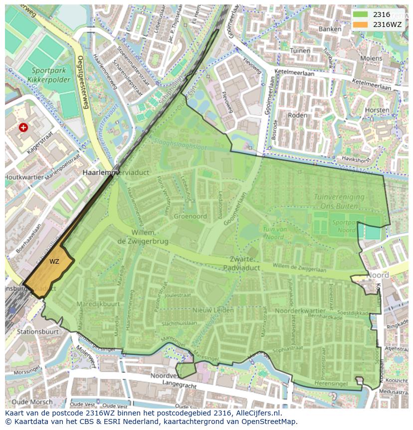 Afbeelding van het postcodegebied 2316 WZ op de kaart.
