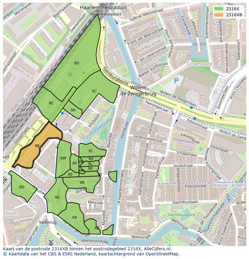Afbeelding van het postcodegebied 2316 XB op de kaart.