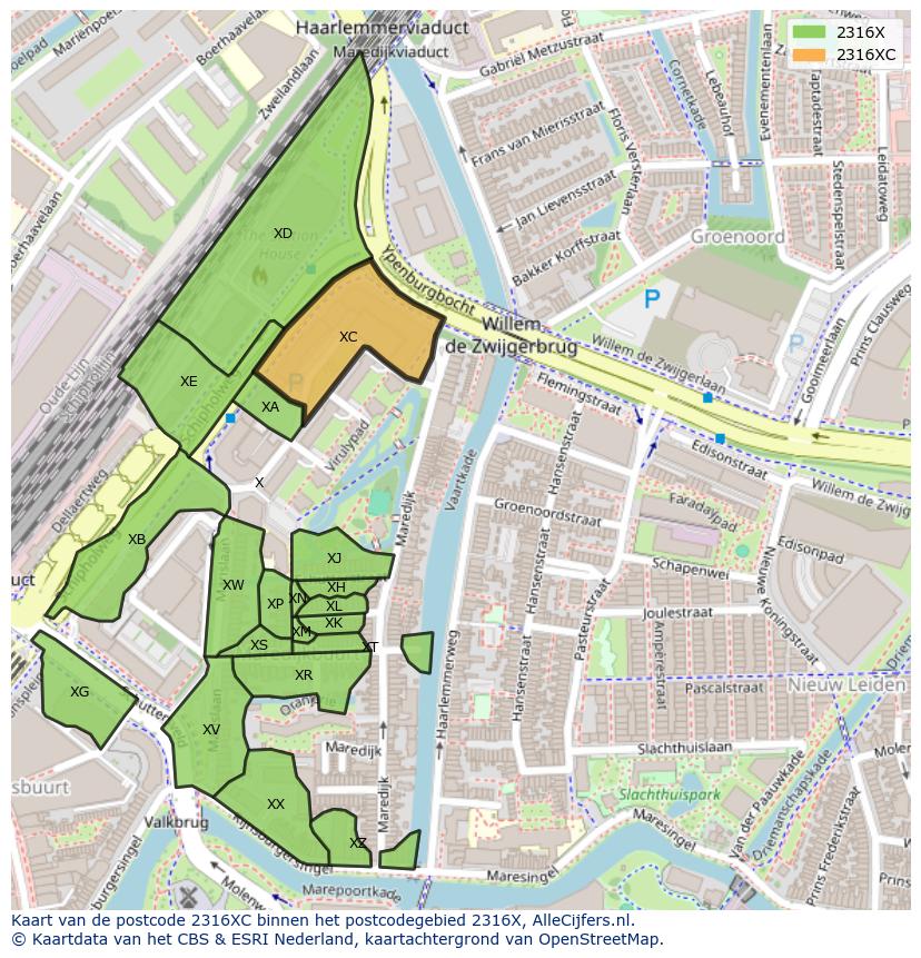 Afbeelding van het postcodegebied 2316 XC op de kaart.