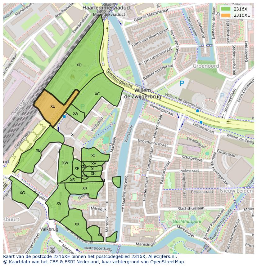 Afbeelding van het postcodegebied 2316 XE op de kaart.