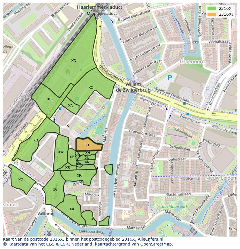 Afbeelding van het postcodegebied 2316 XJ op de kaart.