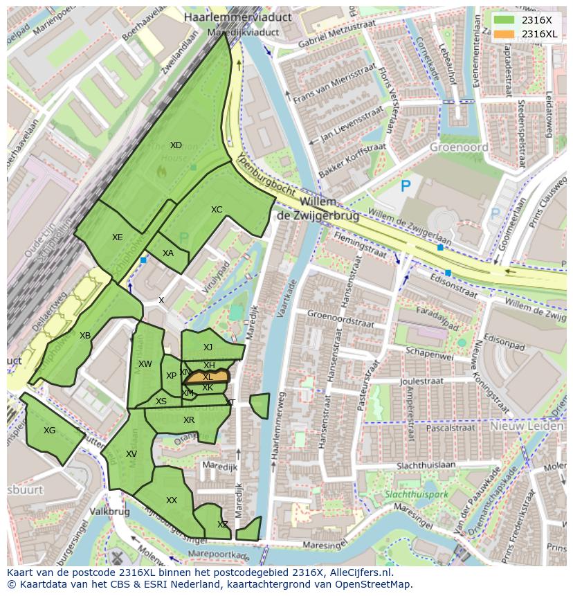 Afbeelding van het postcodegebied 2316 XL op de kaart.