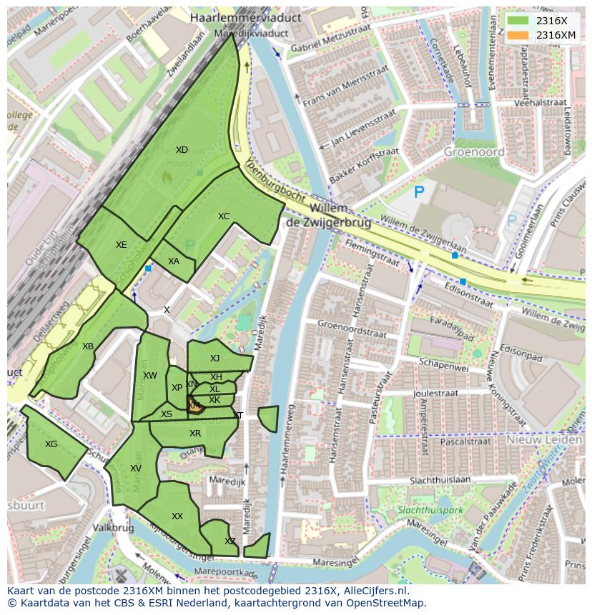 Afbeelding van het postcodegebied 2316 XM op de kaart.