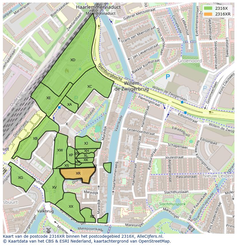 Afbeelding van het postcodegebied 2316 XR op de kaart.