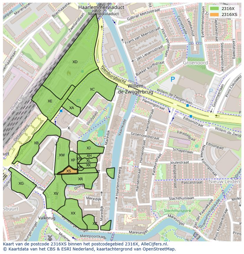 Afbeelding van het postcodegebied 2316 XS op de kaart.