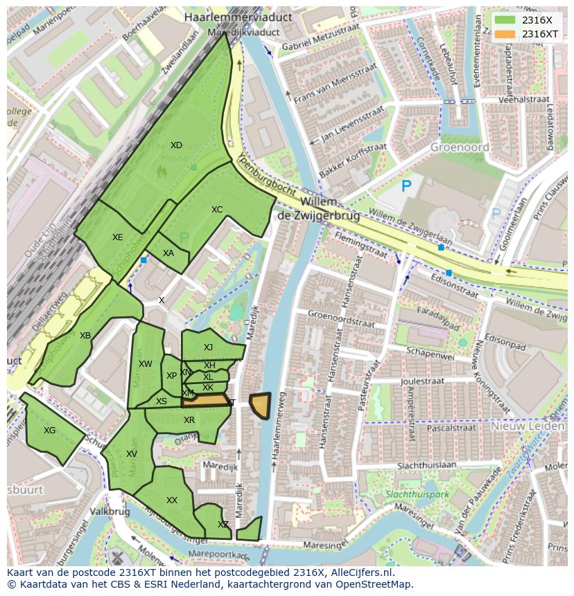 Afbeelding van het postcodegebied 2316 XT op de kaart.