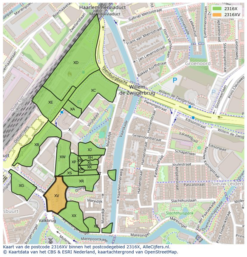 Afbeelding van het postcodegebied 2316 XV op de kaart.