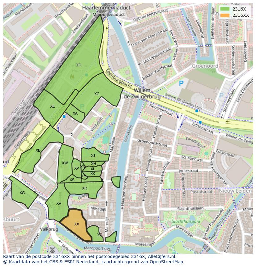Afbeelding van het postcodegebied 2316 XX op de kaart.