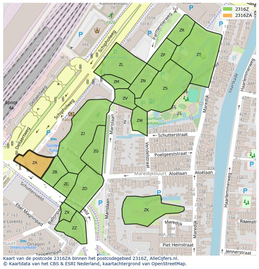 Afbeelding van het postcodegebied 2316 ZA op de kaart.
