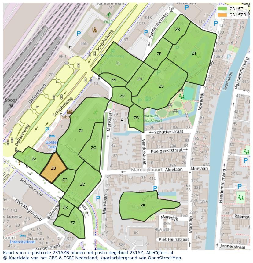 Afbeelding van het postcodegebied 2316 ZB op de kaart.
