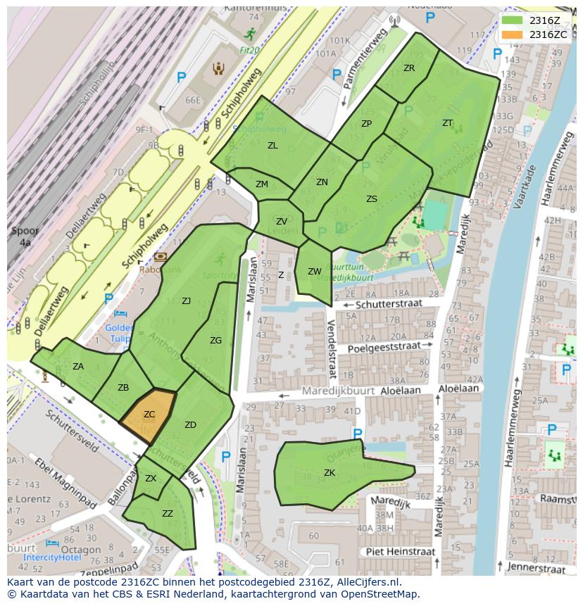 Afbeelding van het postcodegebied 2316 ZC op de kaart.