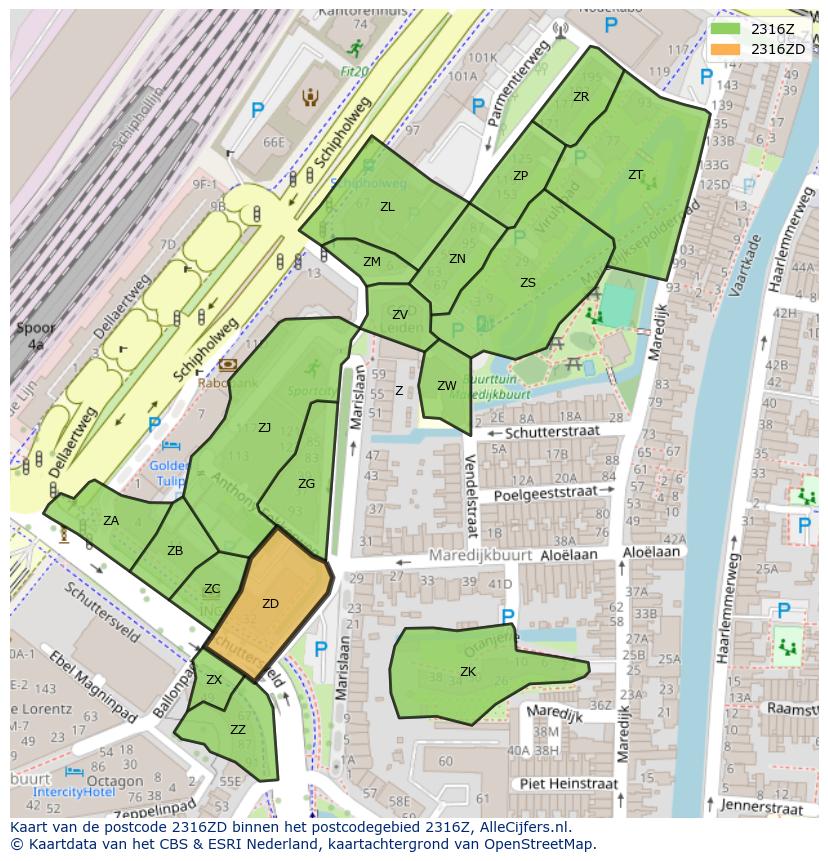 Afbeelding van het postcodegebied 2316 ZD op de kaart.