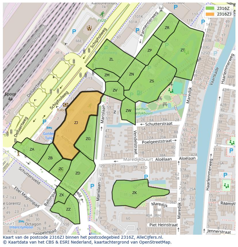 Afbeelding van het postcodegebied 2316 ZJ op de kaart.