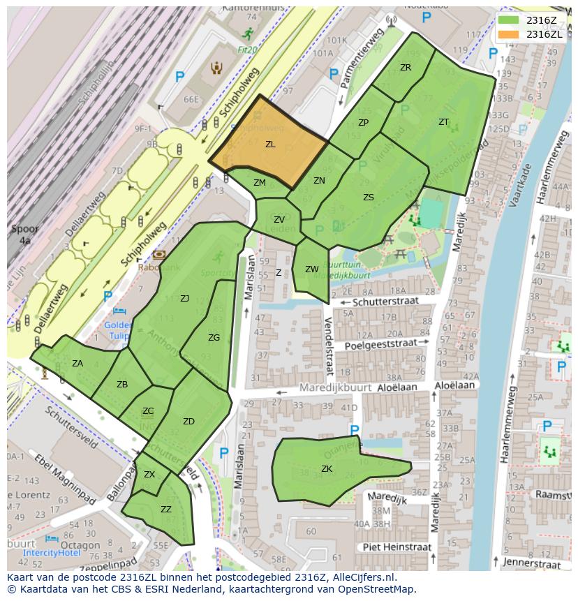 Afbeelding van het postcodegebied 2316 ZL op de kaart.