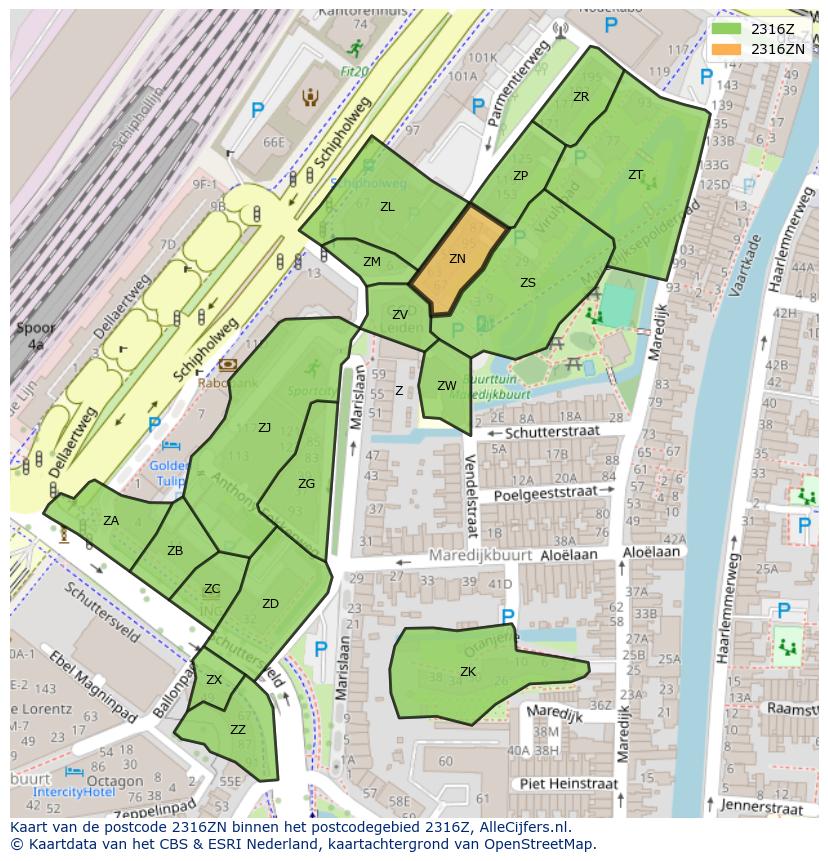 Afbeelding van het postcodegebied 2316 ZN op de kaart.