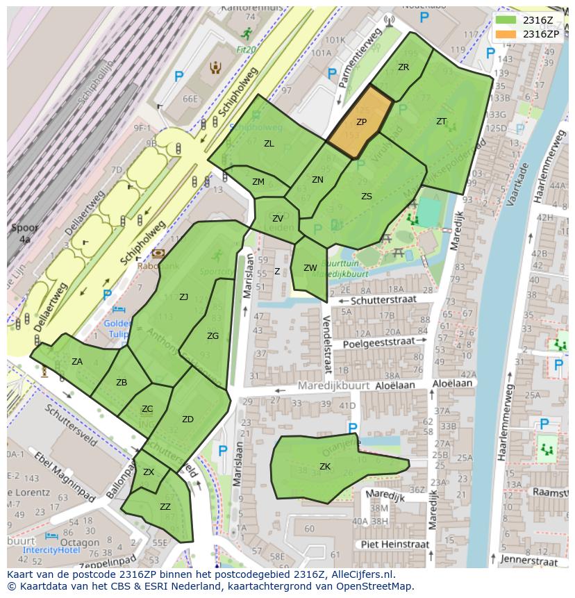 Afbeelding van het postcodegebied 2316 ZP op de kaart.