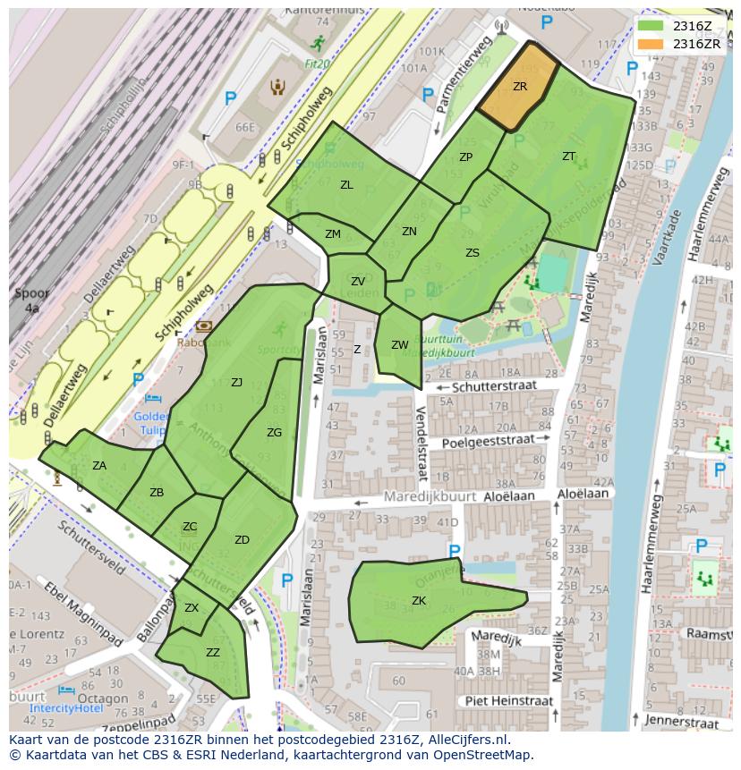 Afbeelding van het postcodegebied 2316 ZR op de kaart.