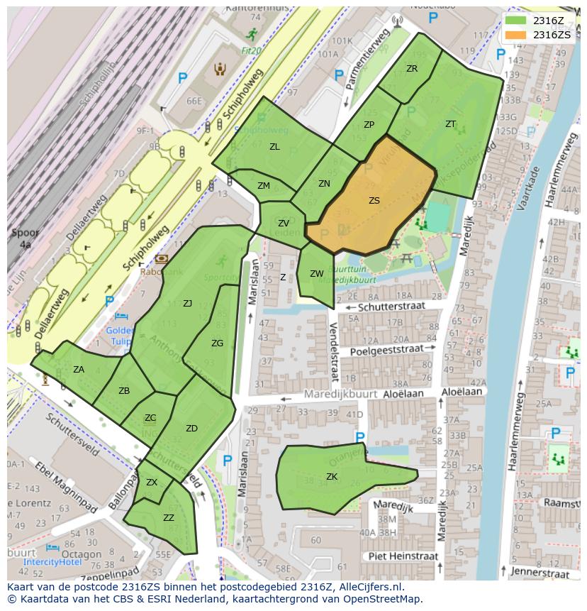 Afbeelding van het postcodegebied 2316 ZS op de kaart.