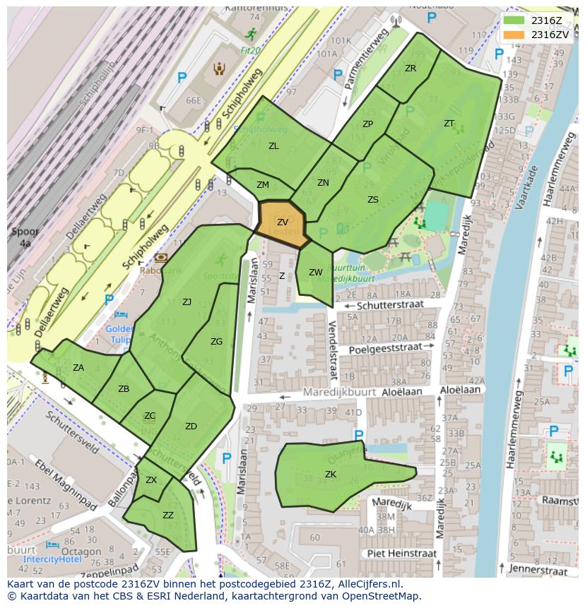 Afbeelding van het postcodegebied 2316 ZV op de kaart.