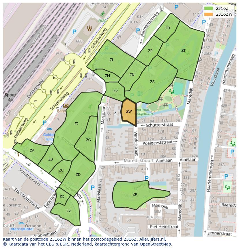 Afbeelding van het postcodegebied 2316 ZW op de kaart.