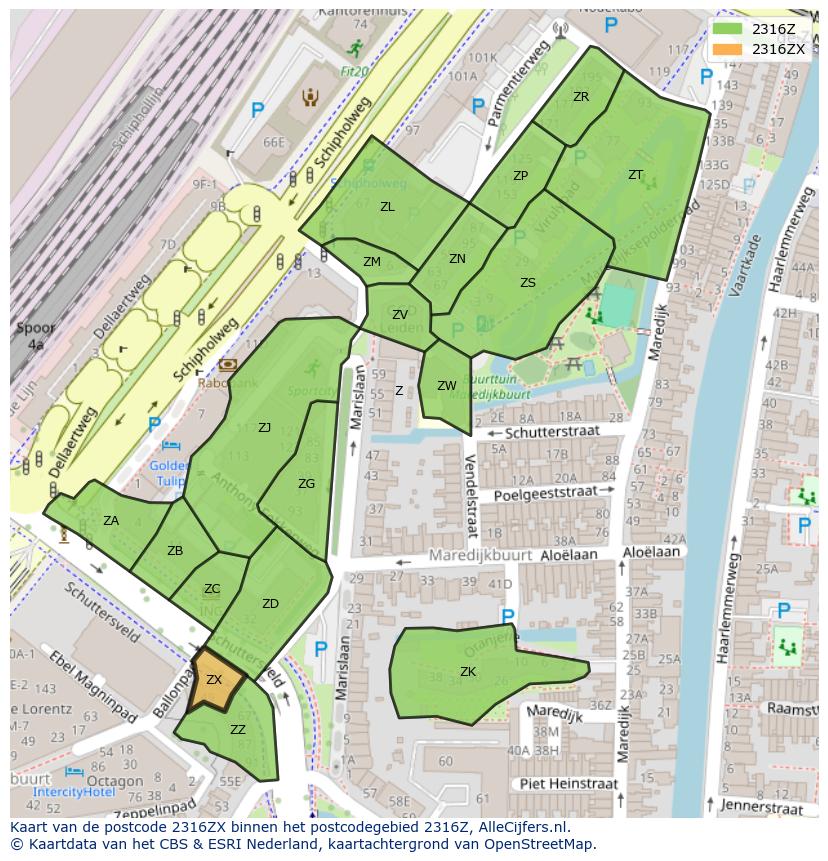 Afbeelding van het postcodegebied 2316 ZX op de kaart.